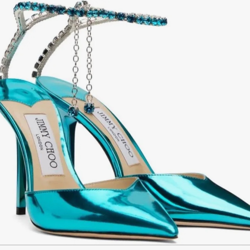 Jimmy Choo Metallic Turquoise Pointed-Toe Crystal Ankle-Strap Heels